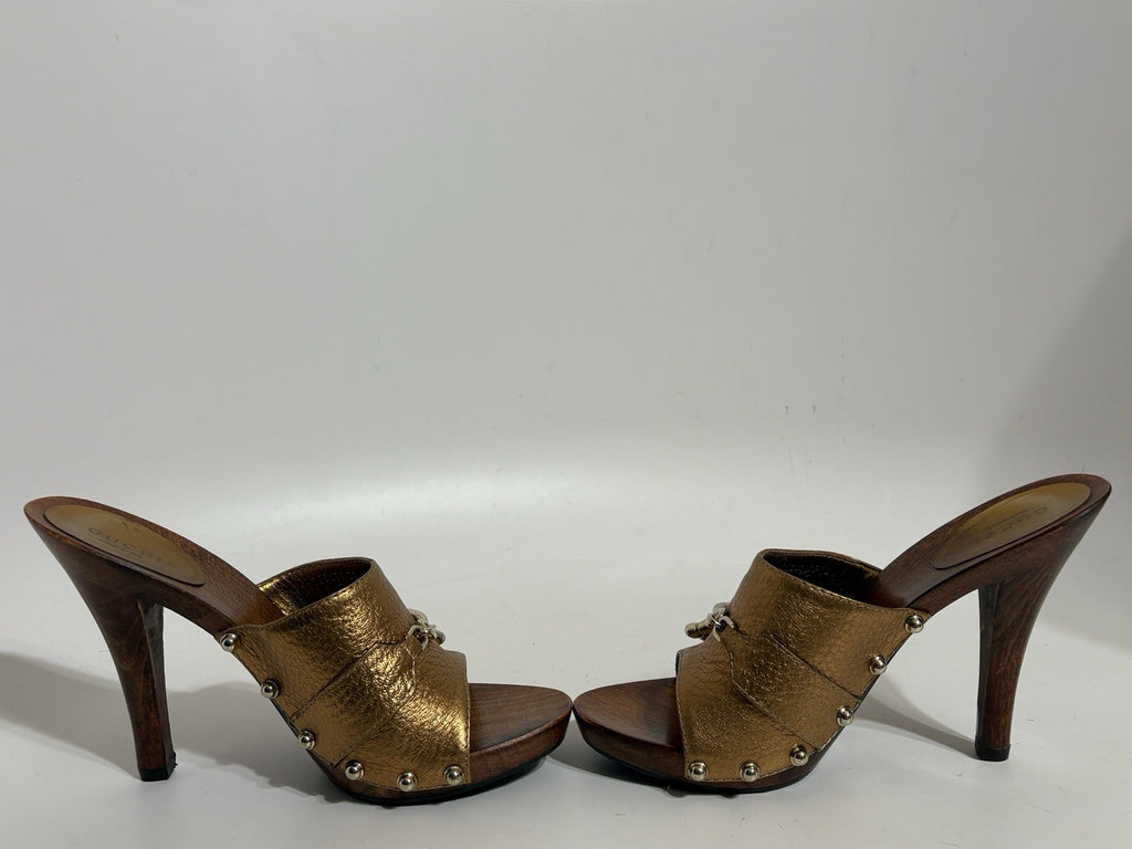 Gucci Gold Leather Horsebit Wood Sandal Heels