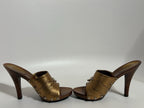 Gucci Gold Leather Horsebit Wood Sandal Heels