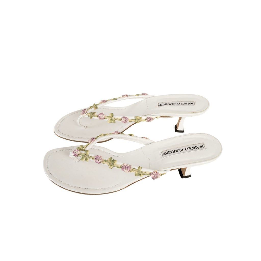 Manolo Blahnik White & Pink Floral Appliqué Leather Thong Sandal Heels
