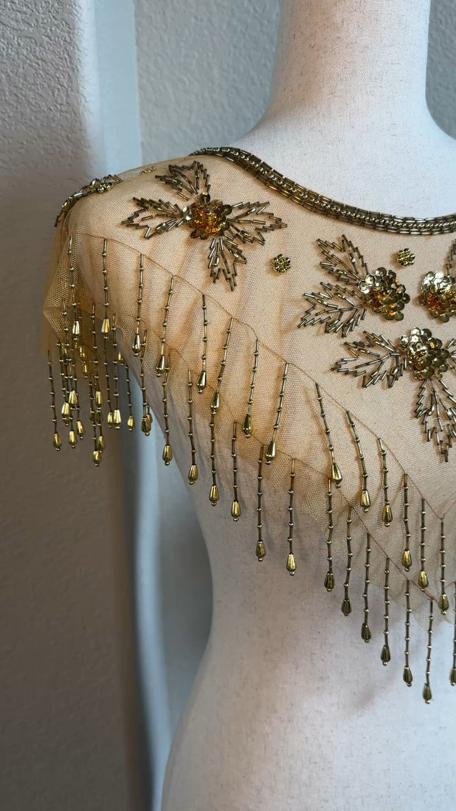 Vintage Gold Beaded Mesh Capelet Fringe Shawl Flapper Evening Collar