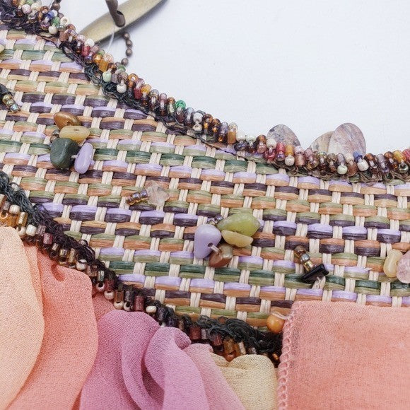 Mary Frances Beaded Tulle Ruffle Wicker Shoulder Bag Mother of Pearl Earthtones