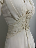 Vintage Late 1930s Ivory Hostess Gown Peignoir-Style Corseted Waist Lace Beaded