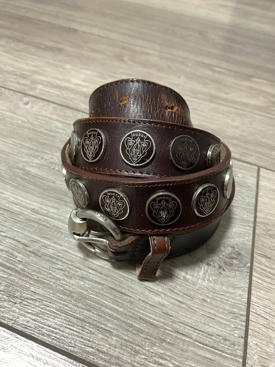 Vintage Gucci Belt Crest Patent Leather Monogram Brown Y2K Rare