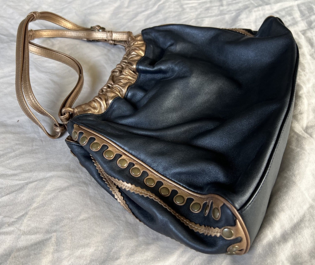 Isabella Fiore Black and Gold Floral Embroidered Leather Shoulder Bag