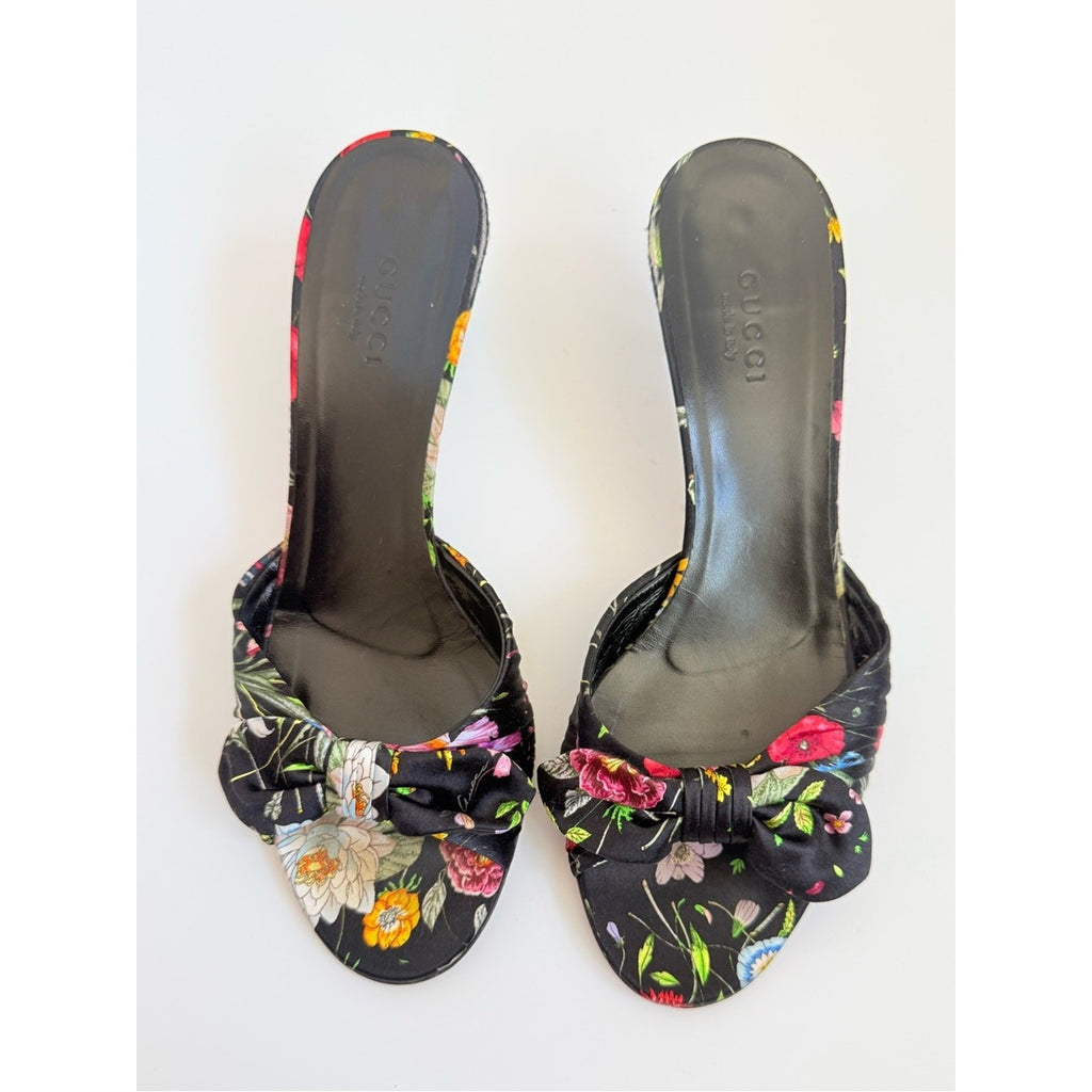 Gucci Flora Satin Bow Mule Heels Black Floral US 6