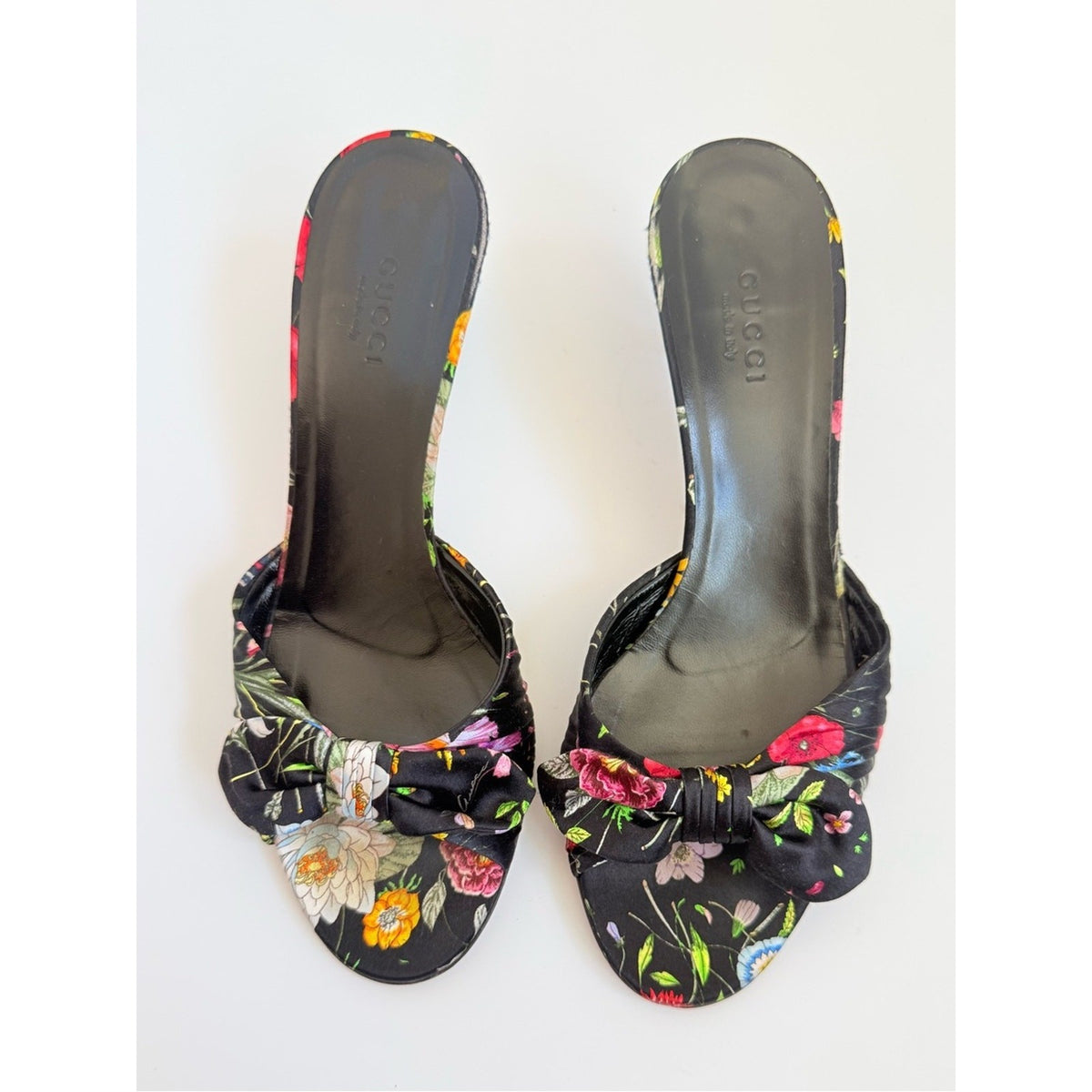 Gucci Flora Satin Bow Mule Heels Black Floral US 6