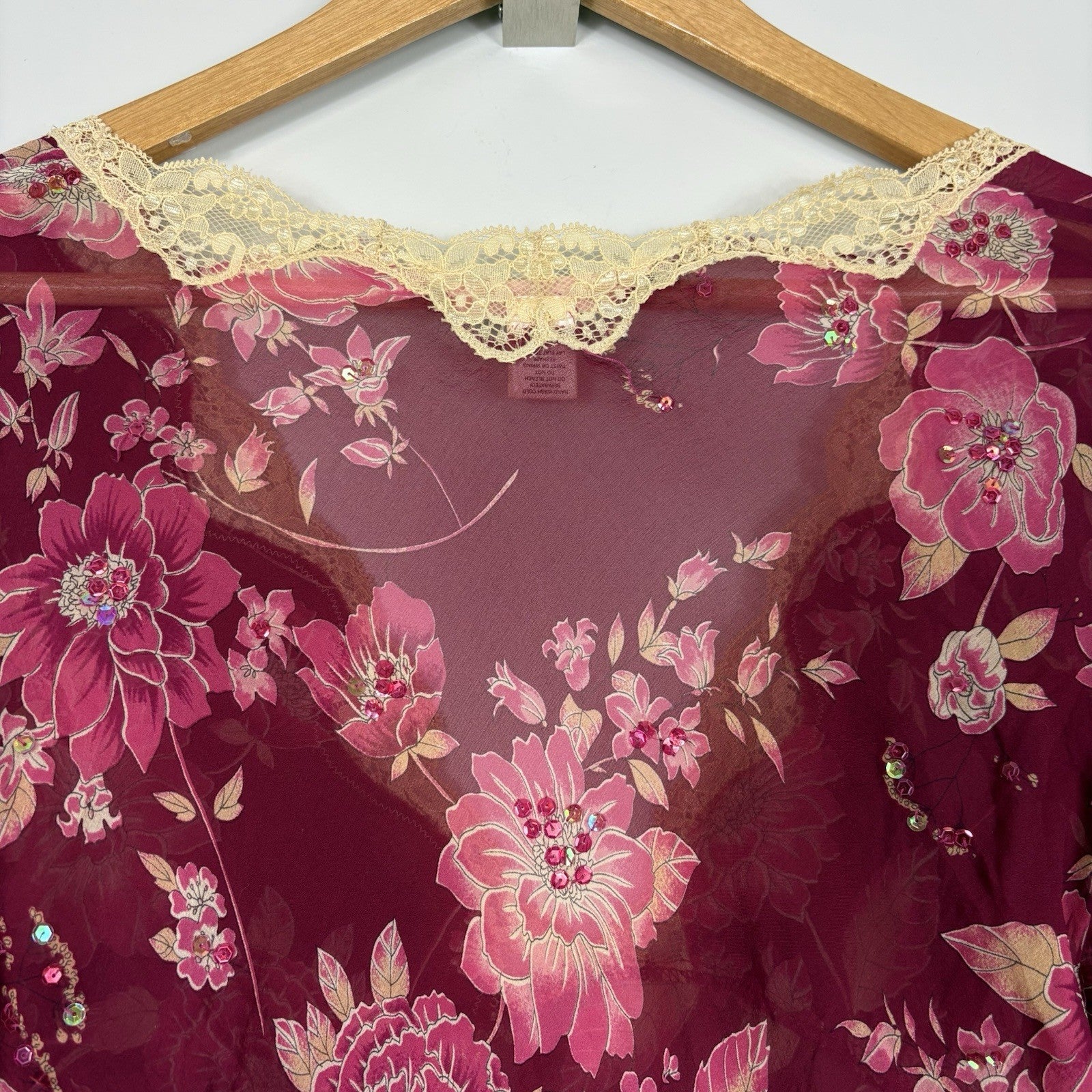 Vtg Y2K Victoria’s Secret Pink Label Silk Babydoll Dress Sz M Lace Floral Sequin