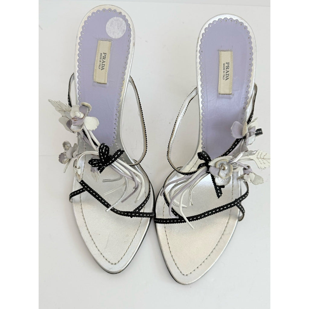 Prada Neiman Marcus 95th Anniversary Floral bouquet Sandals 39 Silver Leather