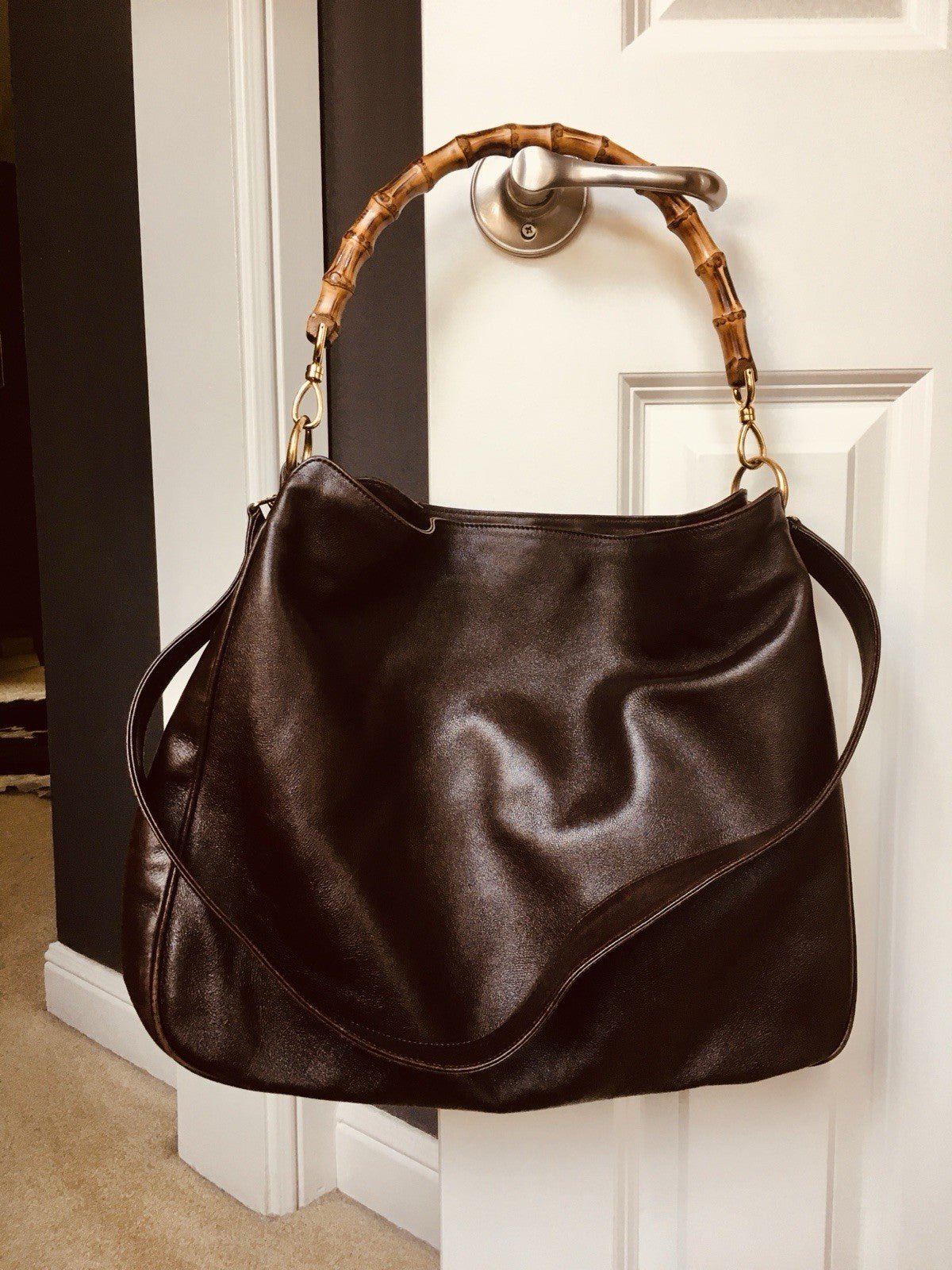 Gucci 1990s Brown Leather Bamboo Handle Shoulder Bag