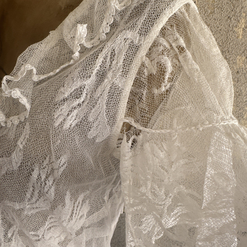 Antique Edwardian White Net Lace Dress Floral Lace Maxi Ruffle Bridal Vintage