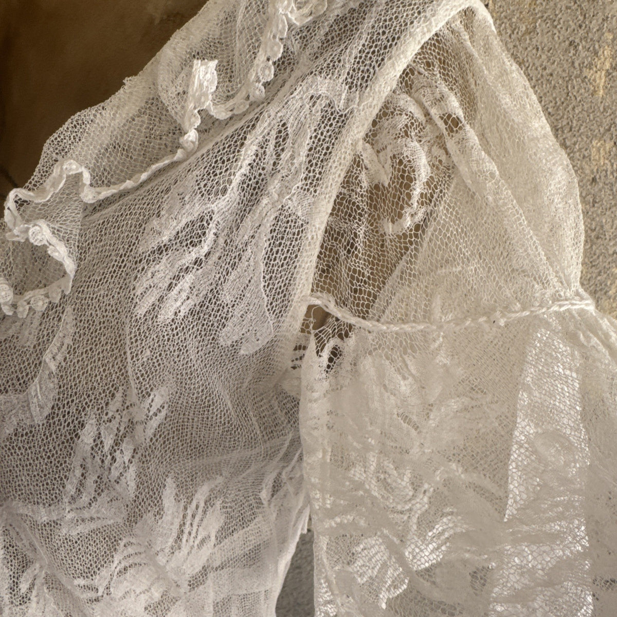 Antique Edwardian White Net Lace Dress Floral Lace Maxi Ruffle Bridal Vintage