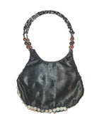 Vintage Black Satin Handbag With mother-of-pearl Shell Fringe & Beads Small 6X7"