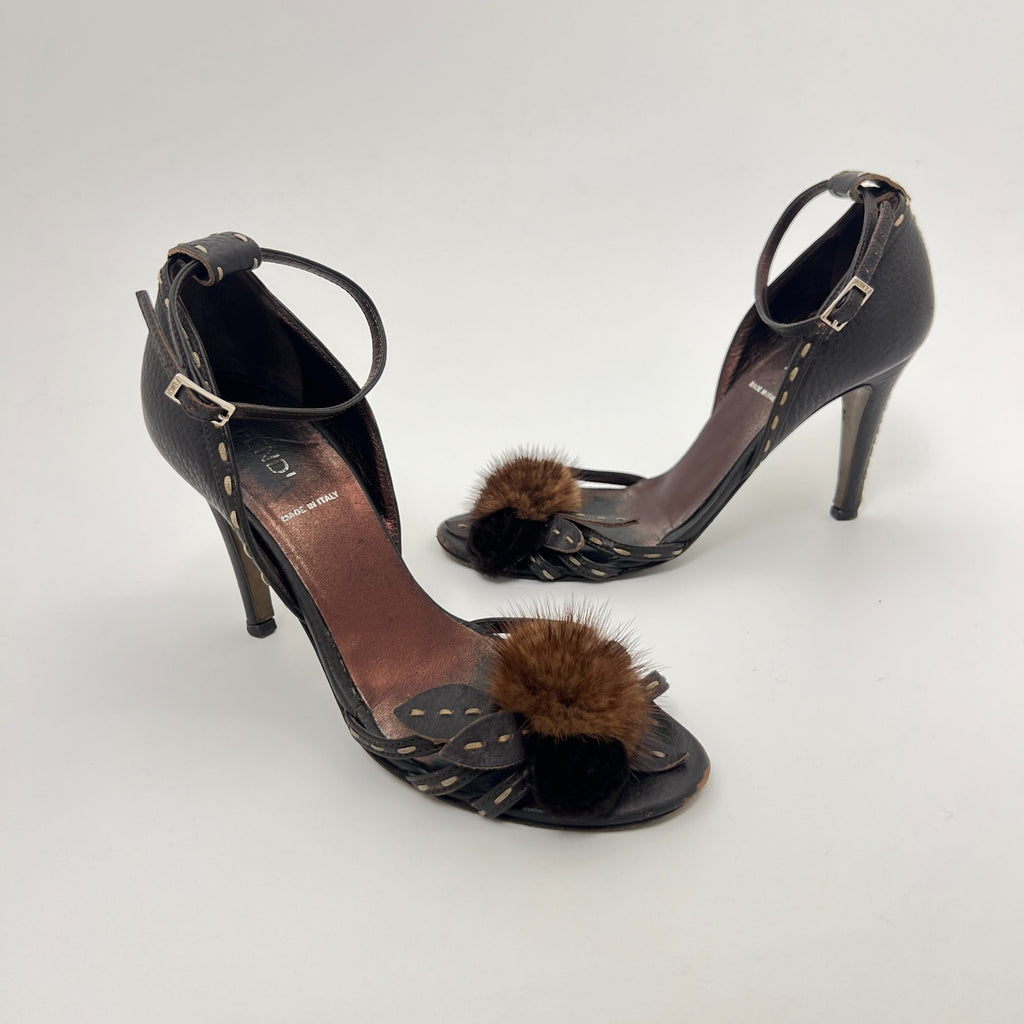 Fendi | Auth Selleria Brown Leather Mink Fur Camellia Ankle Strap Stiletto (35)