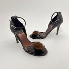 Fendi | Auth Selleria Brown Leather Mink Fur Camellia Ankle Strap Stiletto (35)