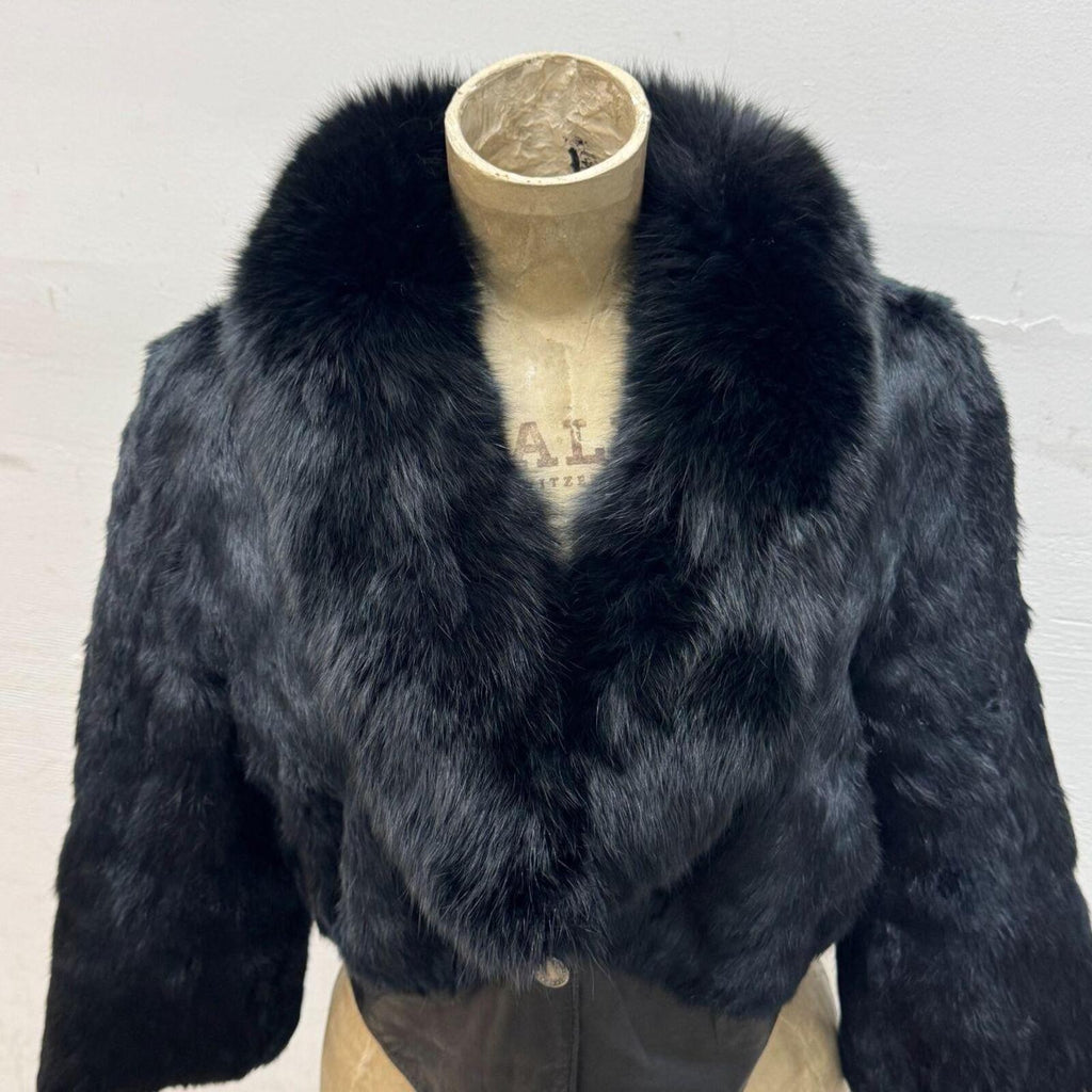 Y2K Black Rabbit and Fox Fur Leather Crop Jacket