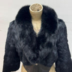 Y2K Black Rabbit and Fox Fur Leather Crop Jacket