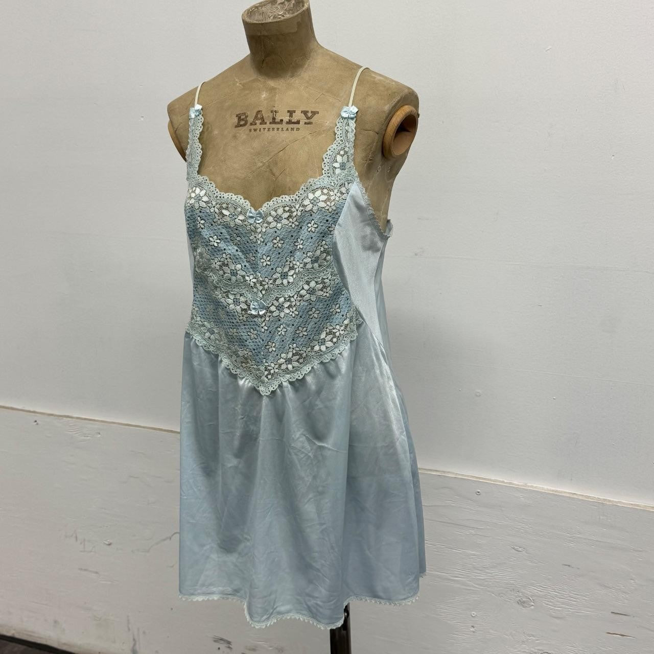 Vintage Japanese Baby Blue Satin Floral Lace Mini Slip Dress