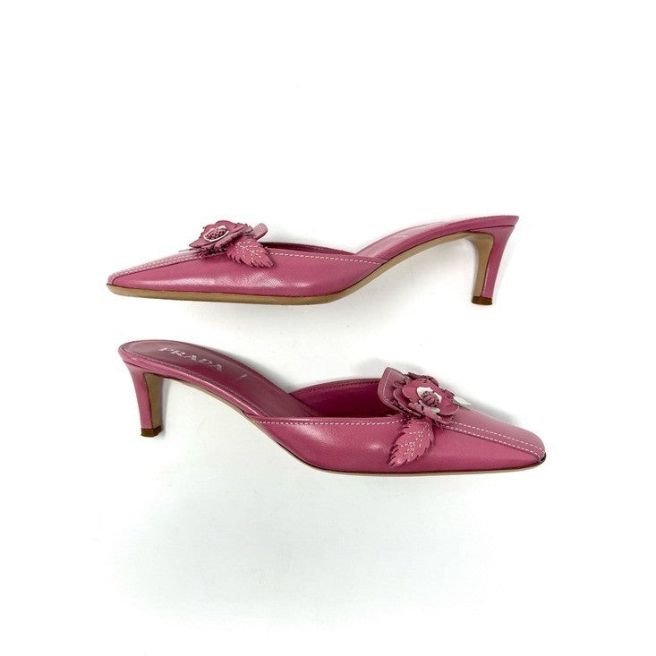 Prada 1990s Pink and White Leather Flower Bouquet Mules Size 36.5
