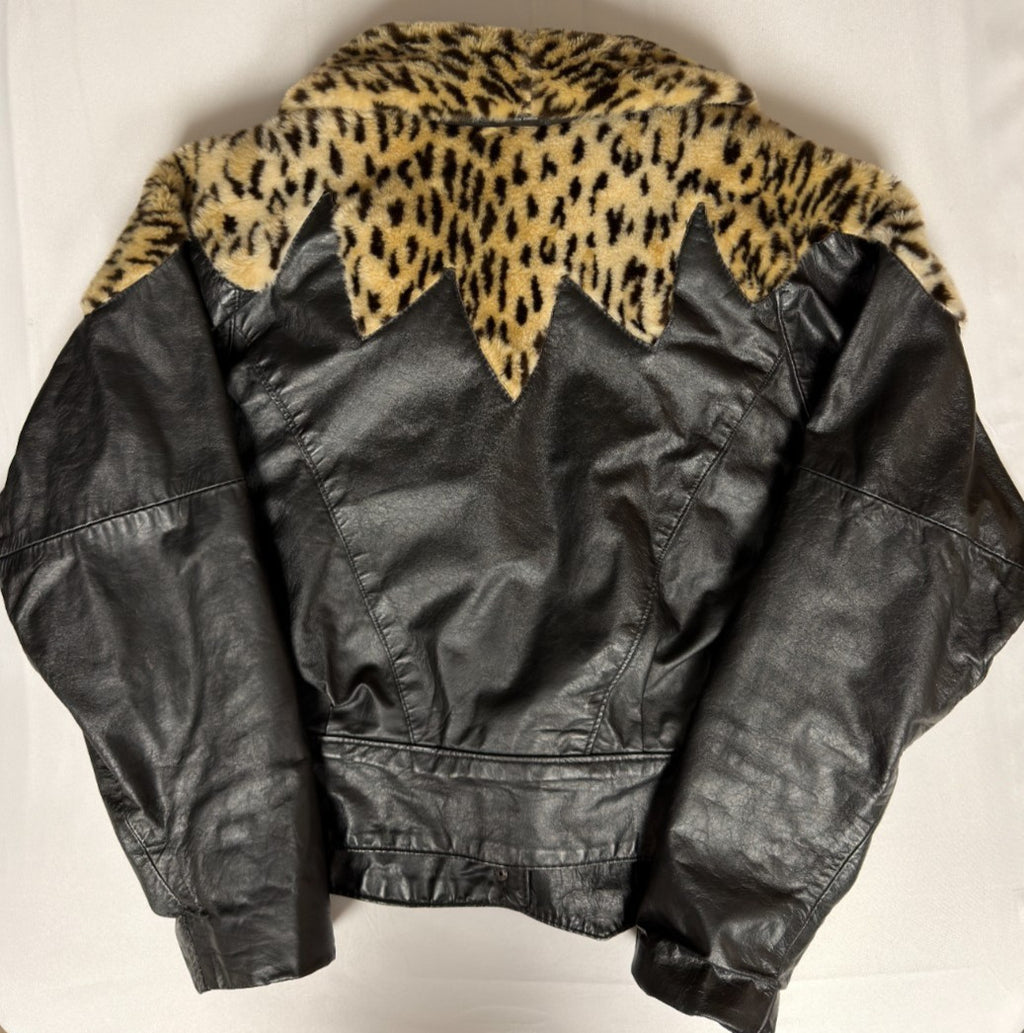 Phoenix Leather Jacket Leopard Fur Black Small