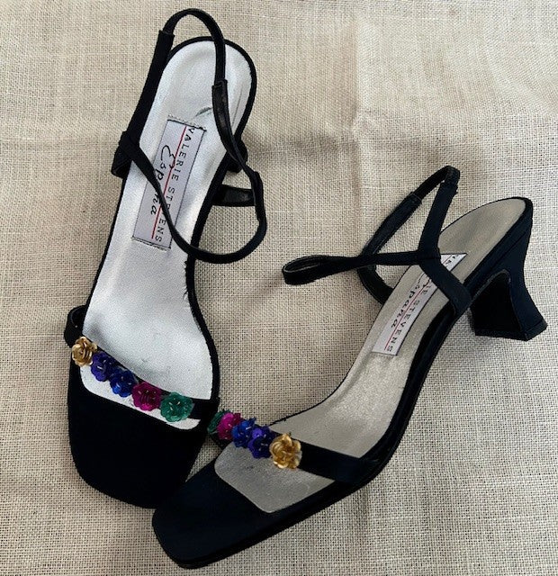 Valerie Stevens España Vintage Black Satin Sequin Floral Strappy Kitten Heels