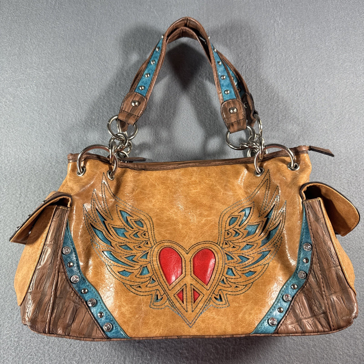 Blazin Roxx Winged Heart Peace Studded Southwestern Faux Leather Bag