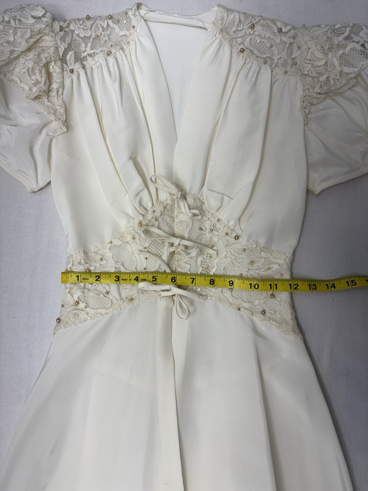 Vintage Late 1930s Ivory Hostess Gown Peignoir-Style Corseted Waist Lace Beaded