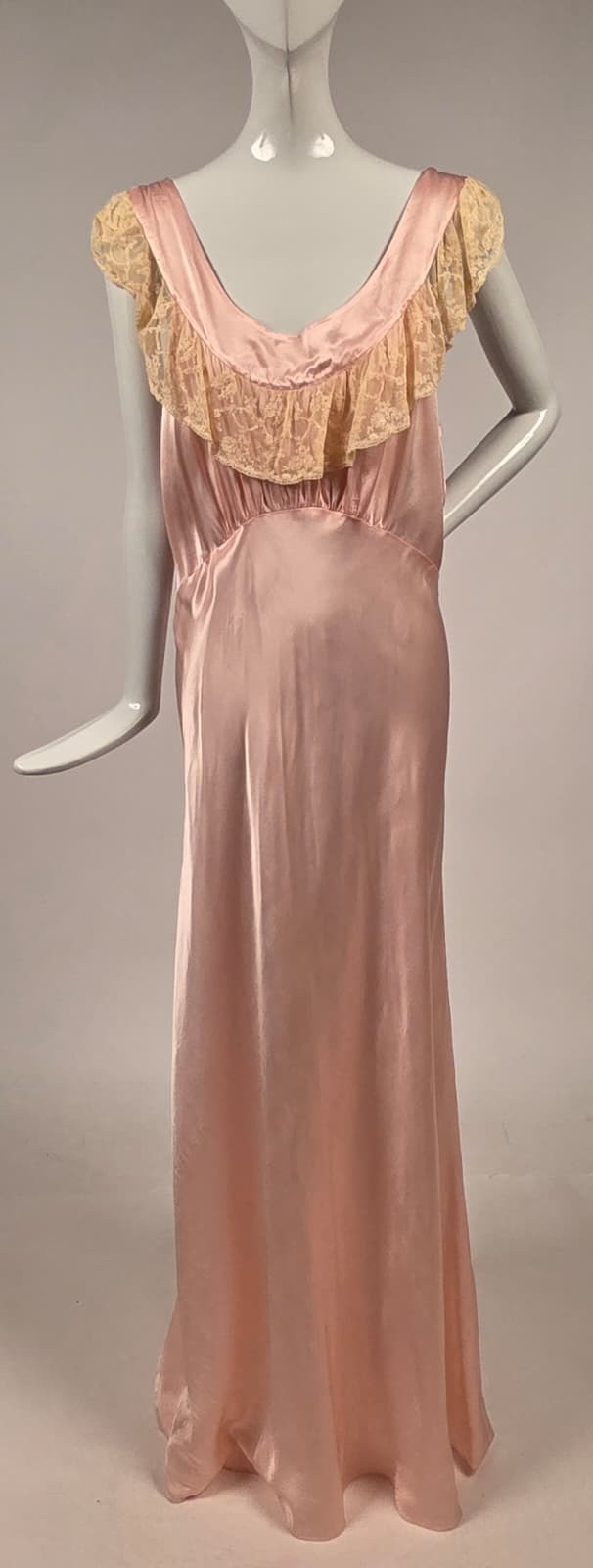 1930s Pink Satin Slip Dress with Ivory Ruffle Lace Top