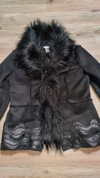 Caché Black Faux Fur Trim Leather Jacket Medium