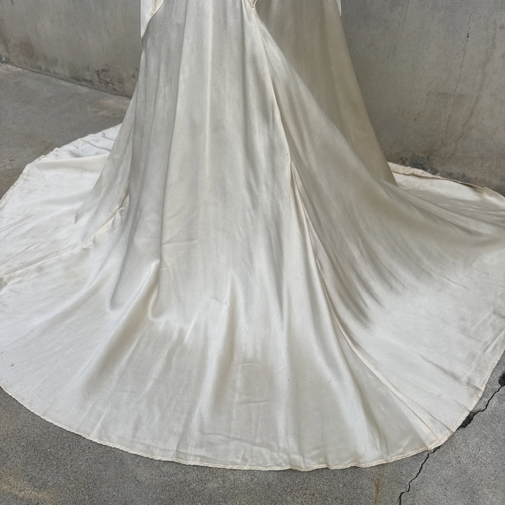 Vintage 1930s White Candlelight Silk Satin Gown Bias Cut Wedding Bridal Dress