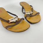Prada | Auth Brown Leather Silver Logo Buckle Kitten Sandal Heels (34.5)
