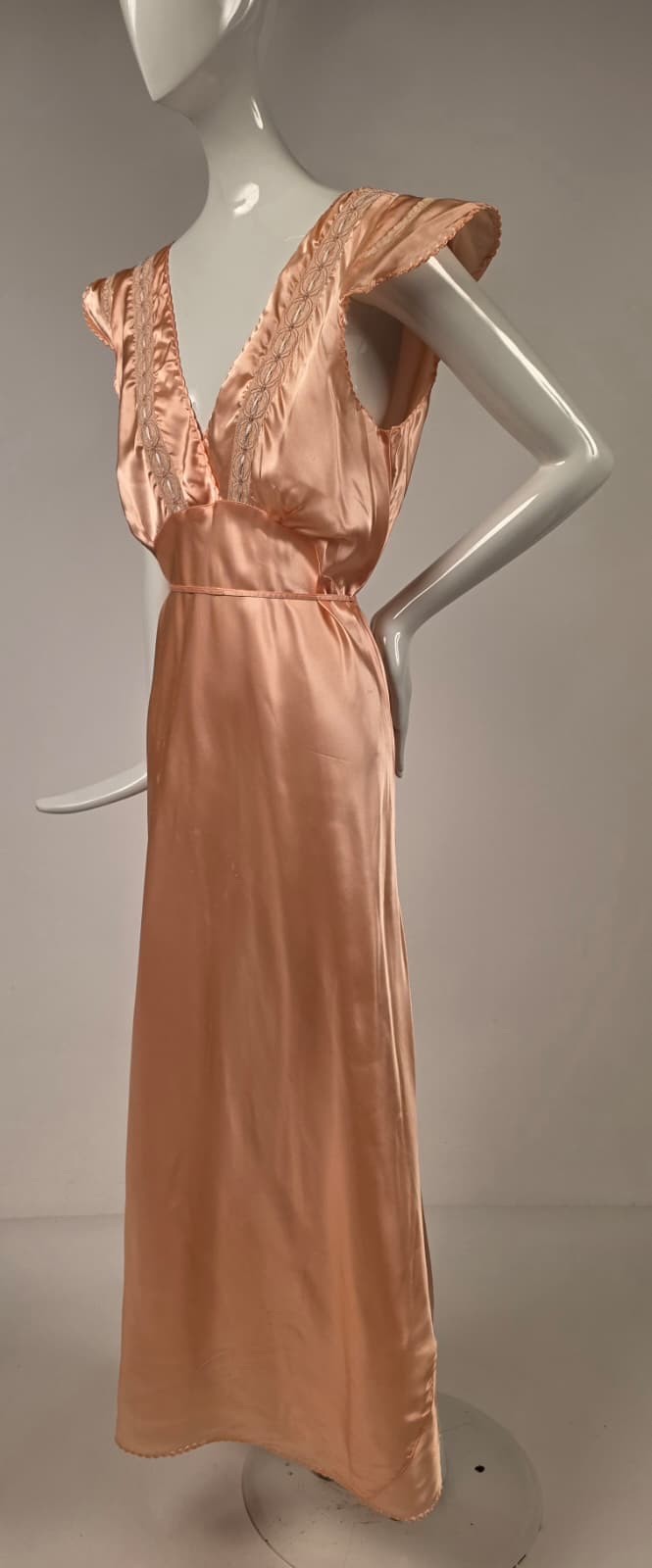 1930s Peach Acetate Slip Dress with Embroidered Ring Detail