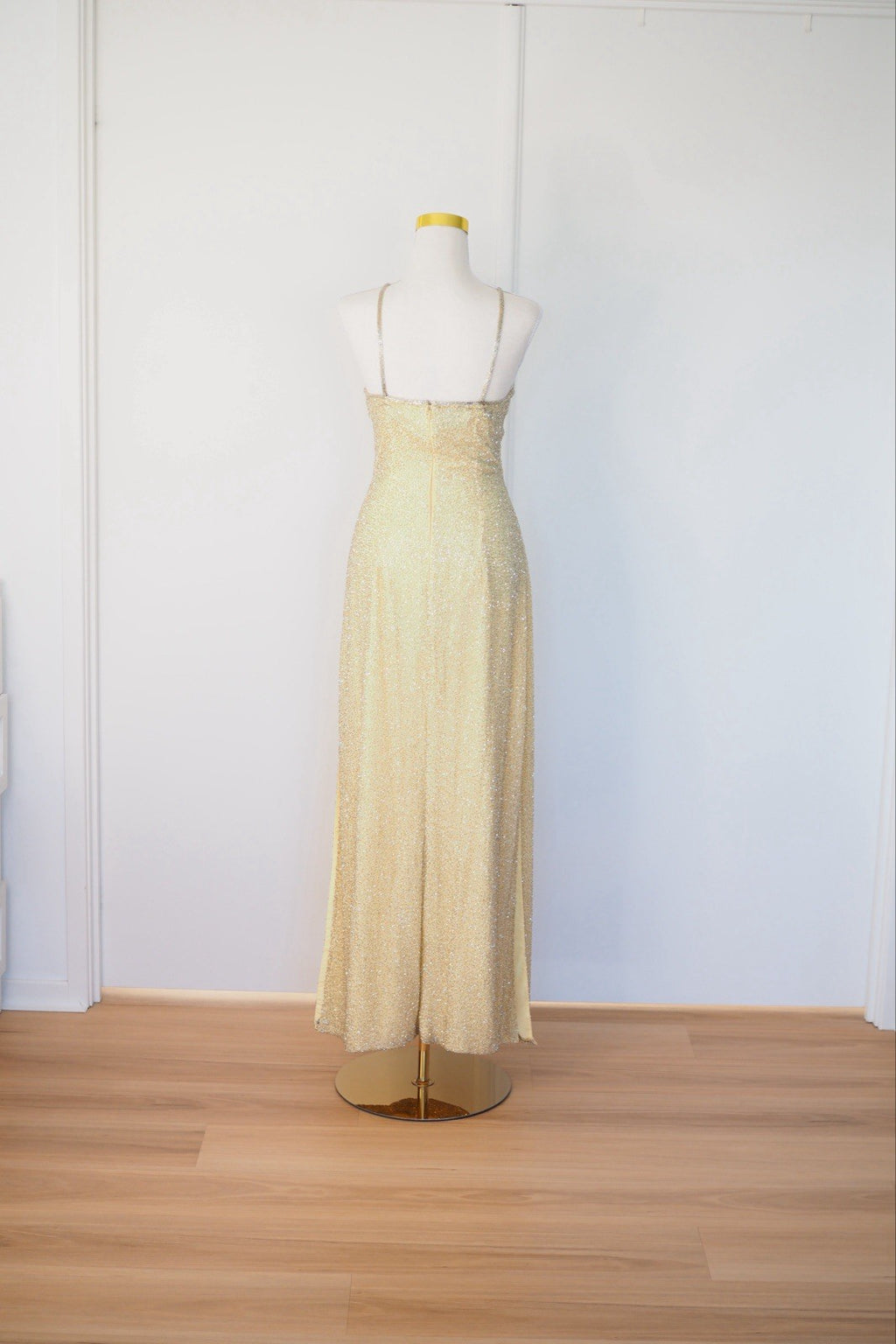 Vintage 90s Gold Beaded Sequin Silk Halter Gown Size S