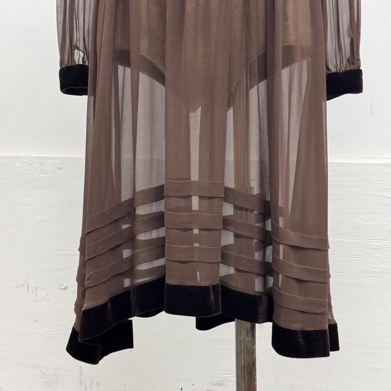 Vintage Brown 100% Silk Chiffon Edwardian-Style Ruffled Midi Dress