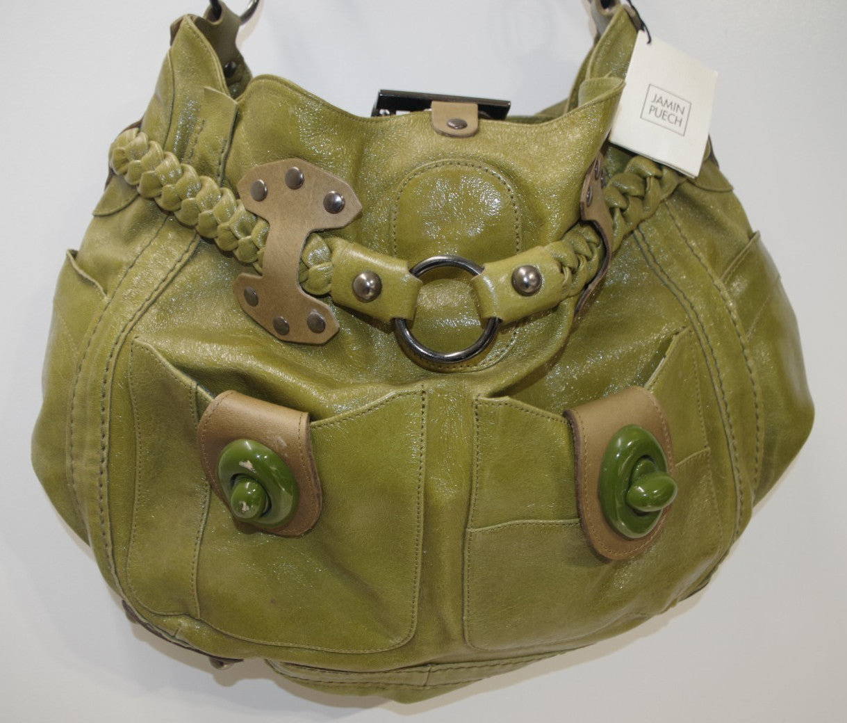 Jamin Puech Green Patent Leather Handbag with Braided Belt