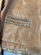 Double D Ranch Leather Jacket Brown Fringe Studded Western Medium