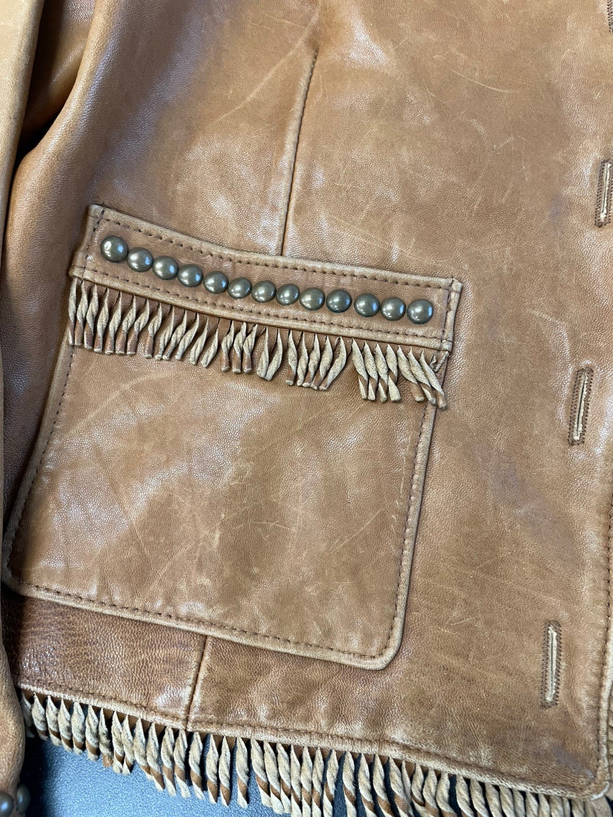 Double D Ranch Leather Jacket Brown Fringe Studded Western Medium
