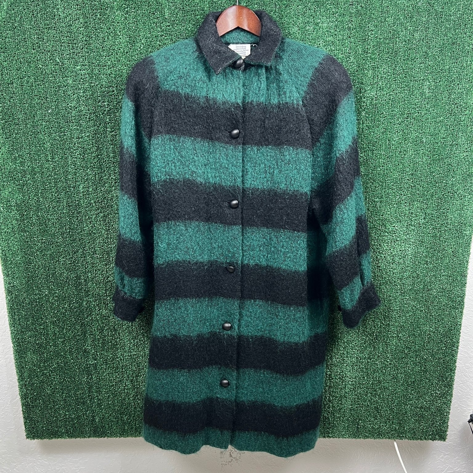 VTG Geoffrey Been Mohair Collar Long Sweater Womens 21x40" L Green Black Striped