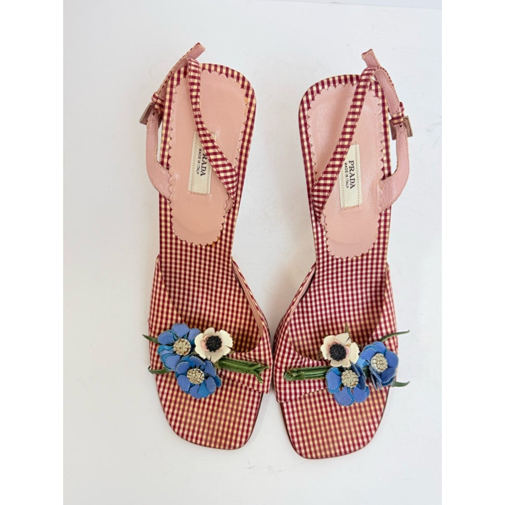 Vintage Prada 2000's Gingham Floral Slingback Heels