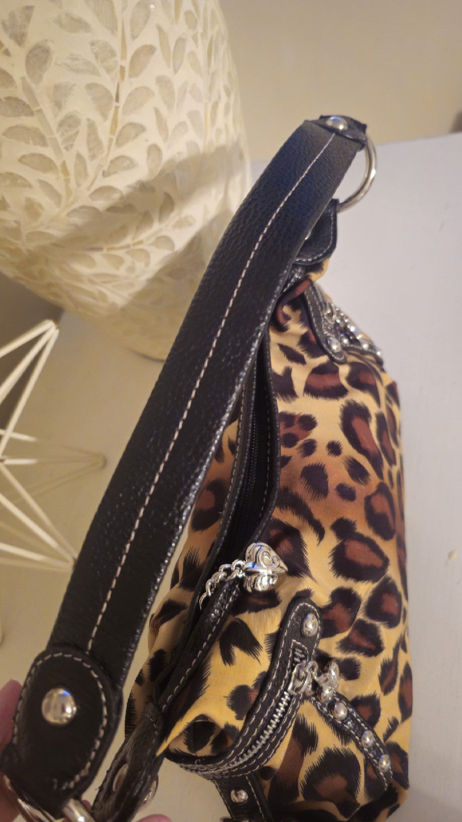 Kathy Van Zeeland Y2K Leopard Print Shoulder Bag with Studded Zipper