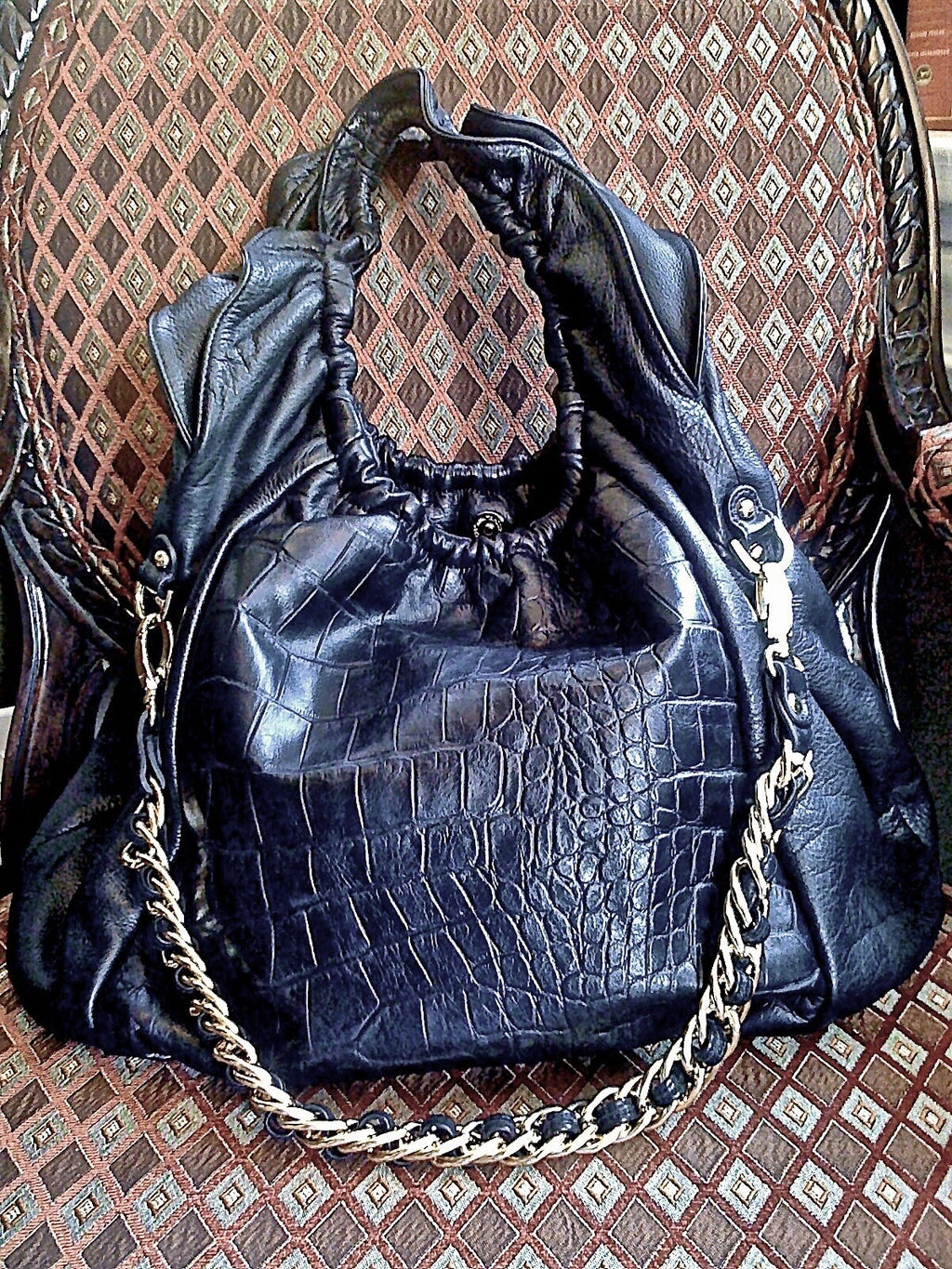 BE & D New York Cosette Croc Leather Tote Bag Large Black