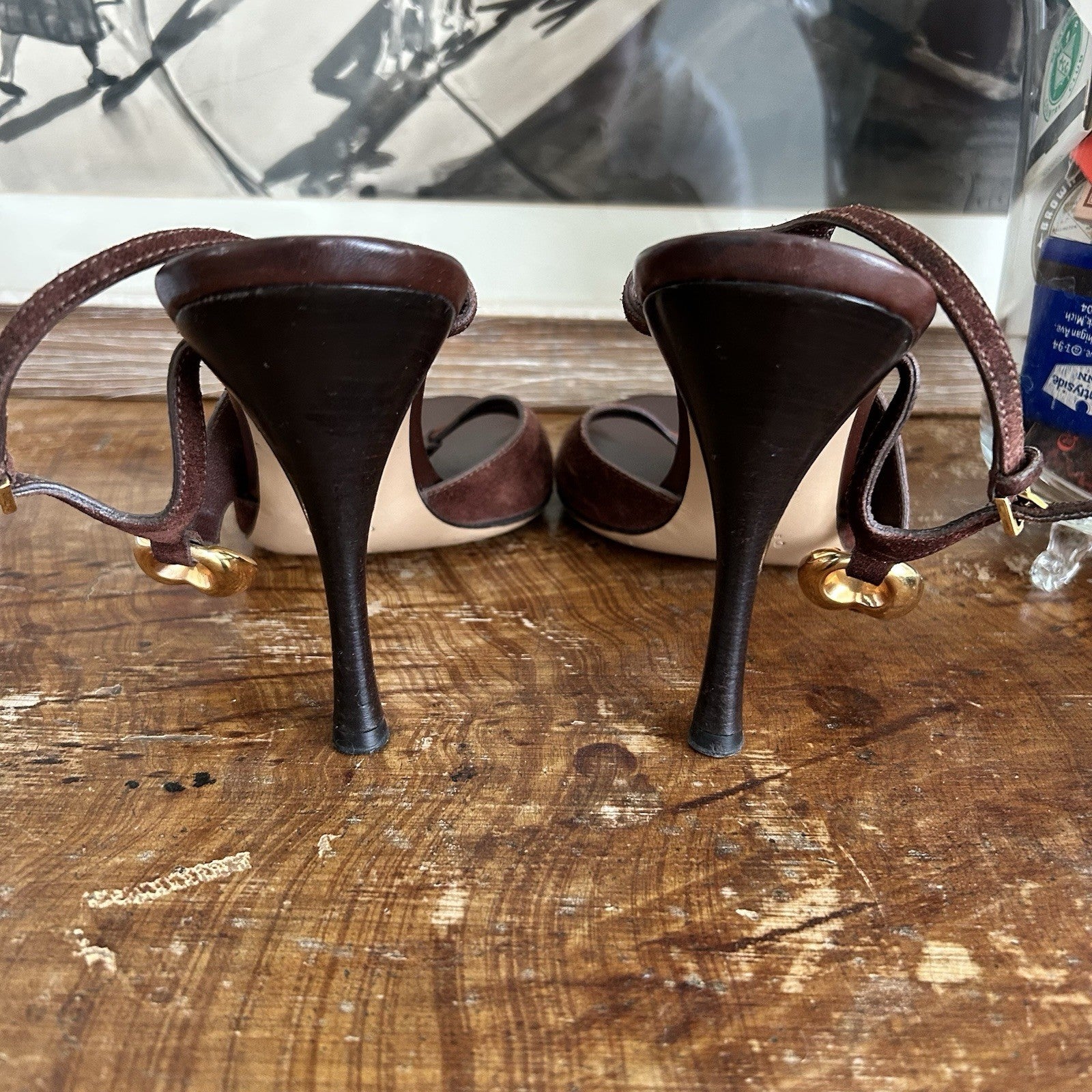 Vintage Gucci Brown Suede Heels with Gold Hardware Tom Ford 1990s Era