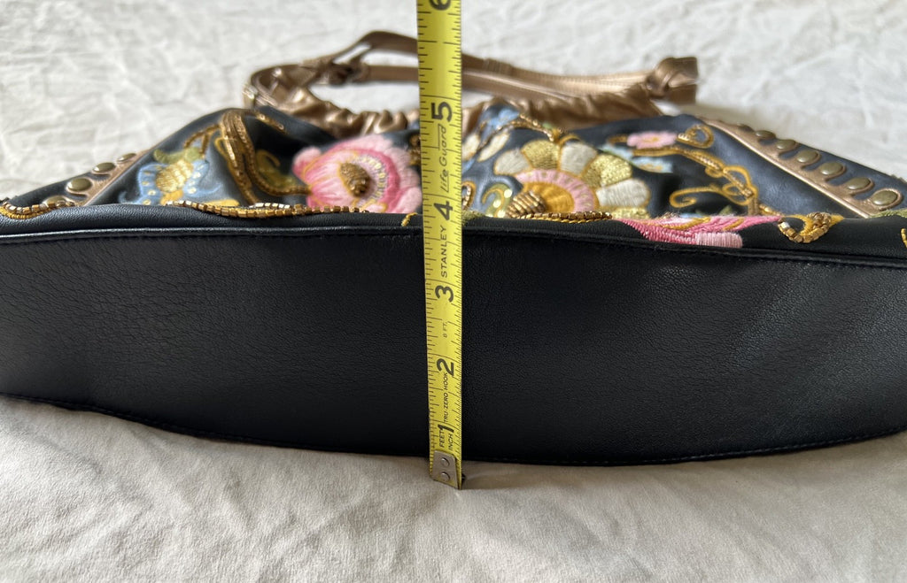 Isabella Fiore Black and Gold Floral Embroidered Leather Shoulder Bag