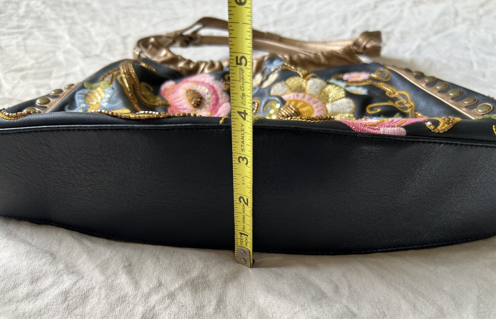 Isabella Fiore Black and Gold Floral Embroidered Leather Shoulder Bag