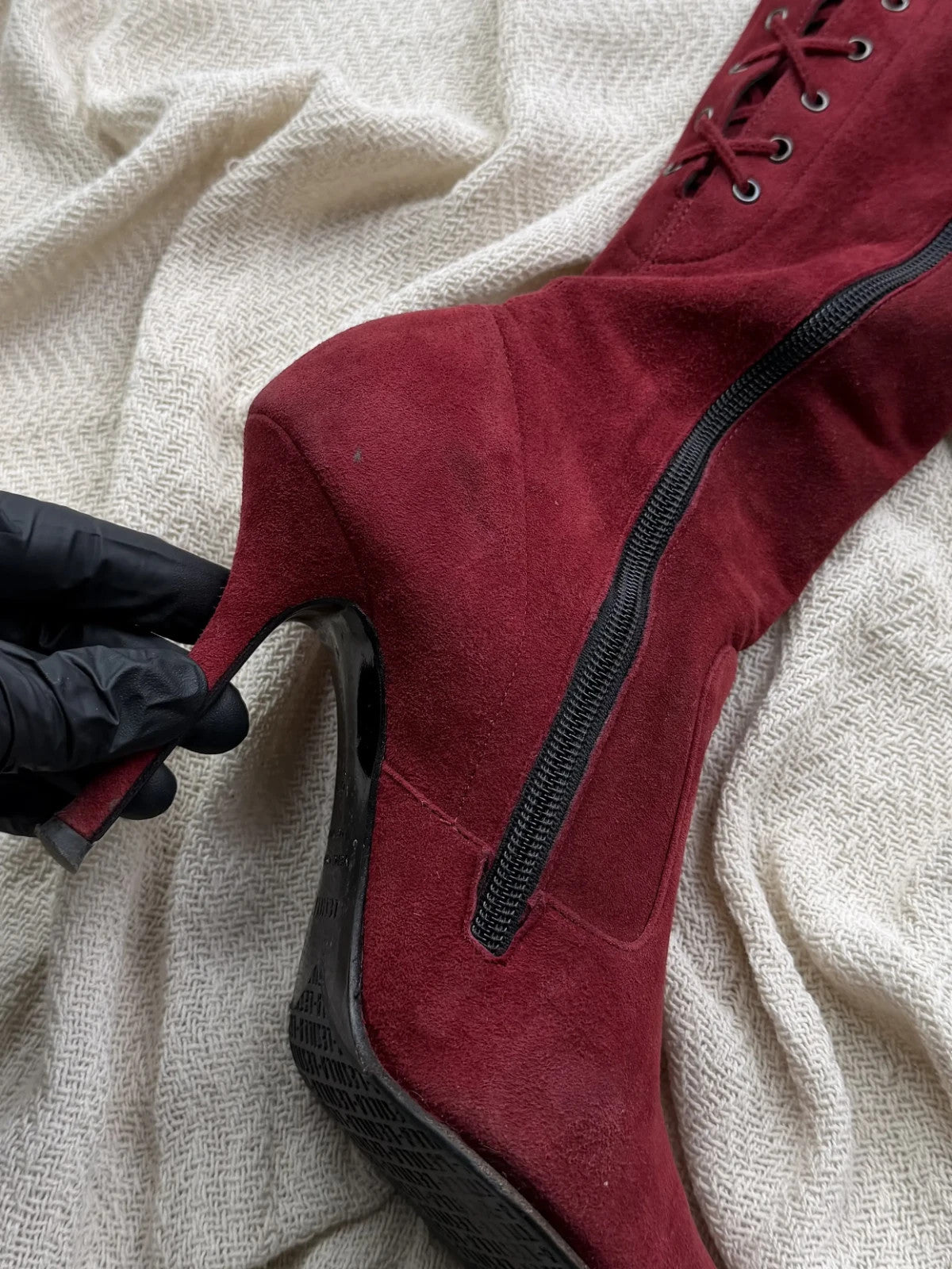 Vintage Burgundy Suede Knee High Boots Pointed Toe Stiletto Heels Lace Up
