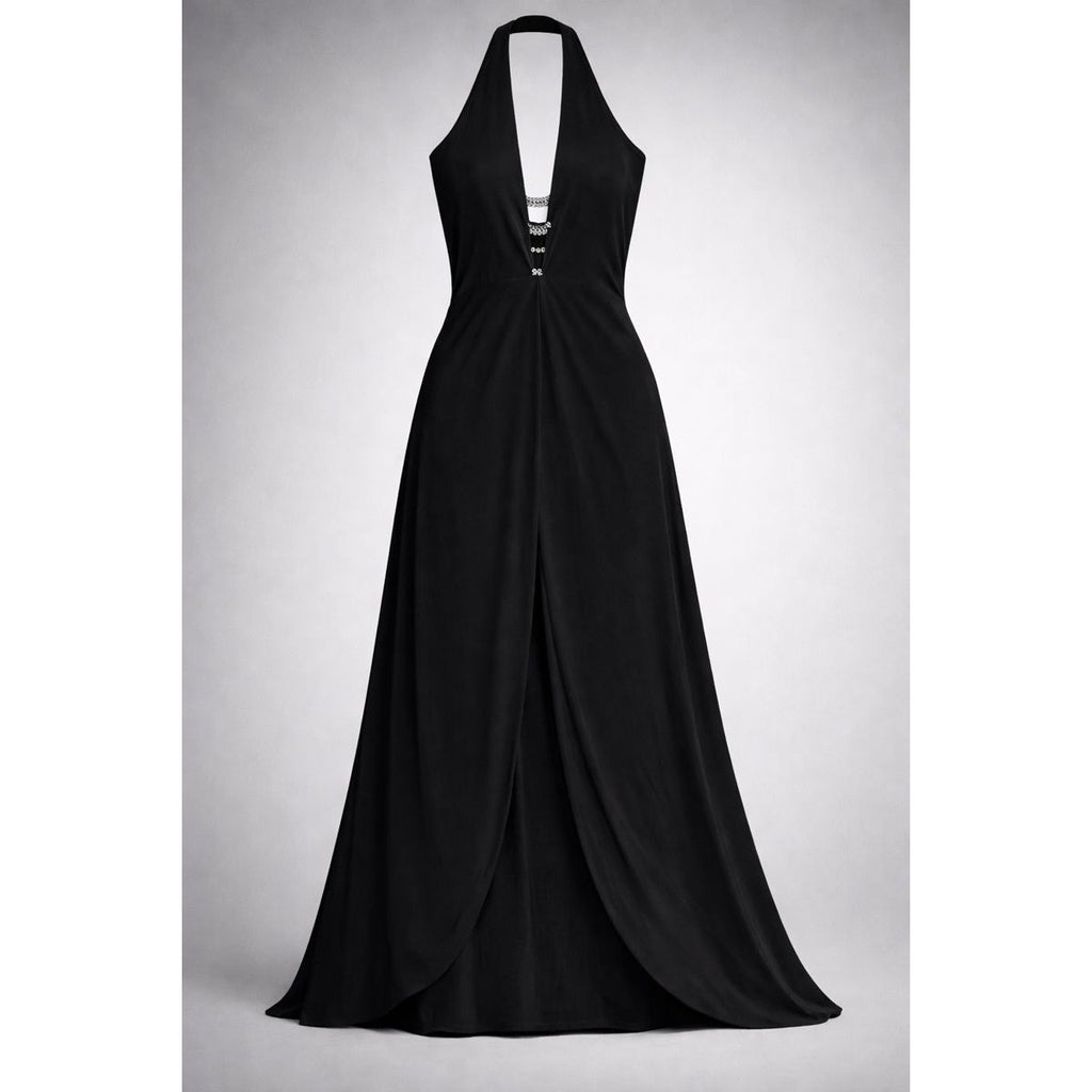 Gianni Versace Couture Y2K Black Halter Evening Gown with Rhinestone Side Slit