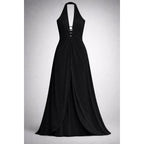 Gianni Versace Couture Y2K Black Halter Evening Gown with Rhinestone Side Slit