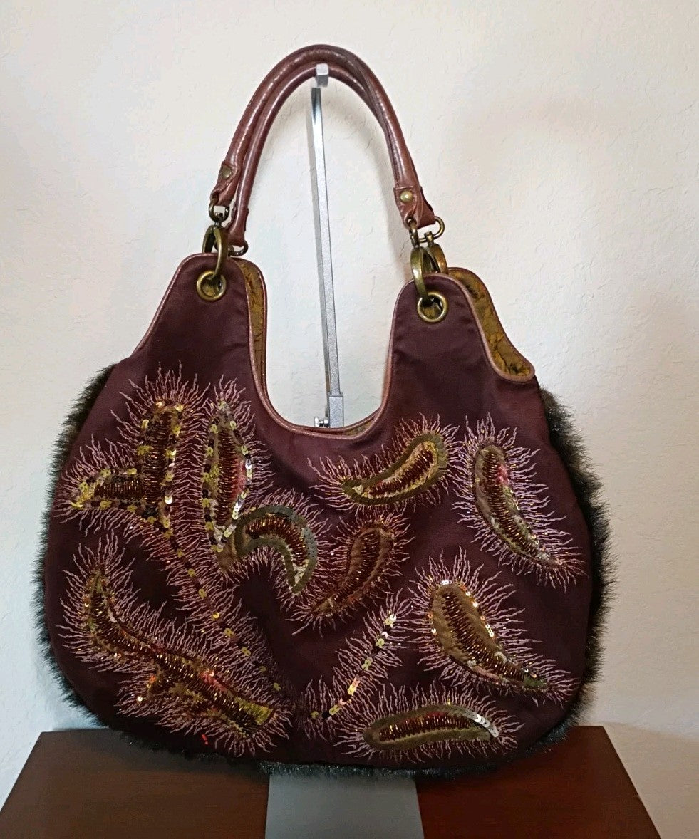 Ipa-Nima Burgundy Leather Beaded Paisley Shoulder Bag with Faux Fur Trim