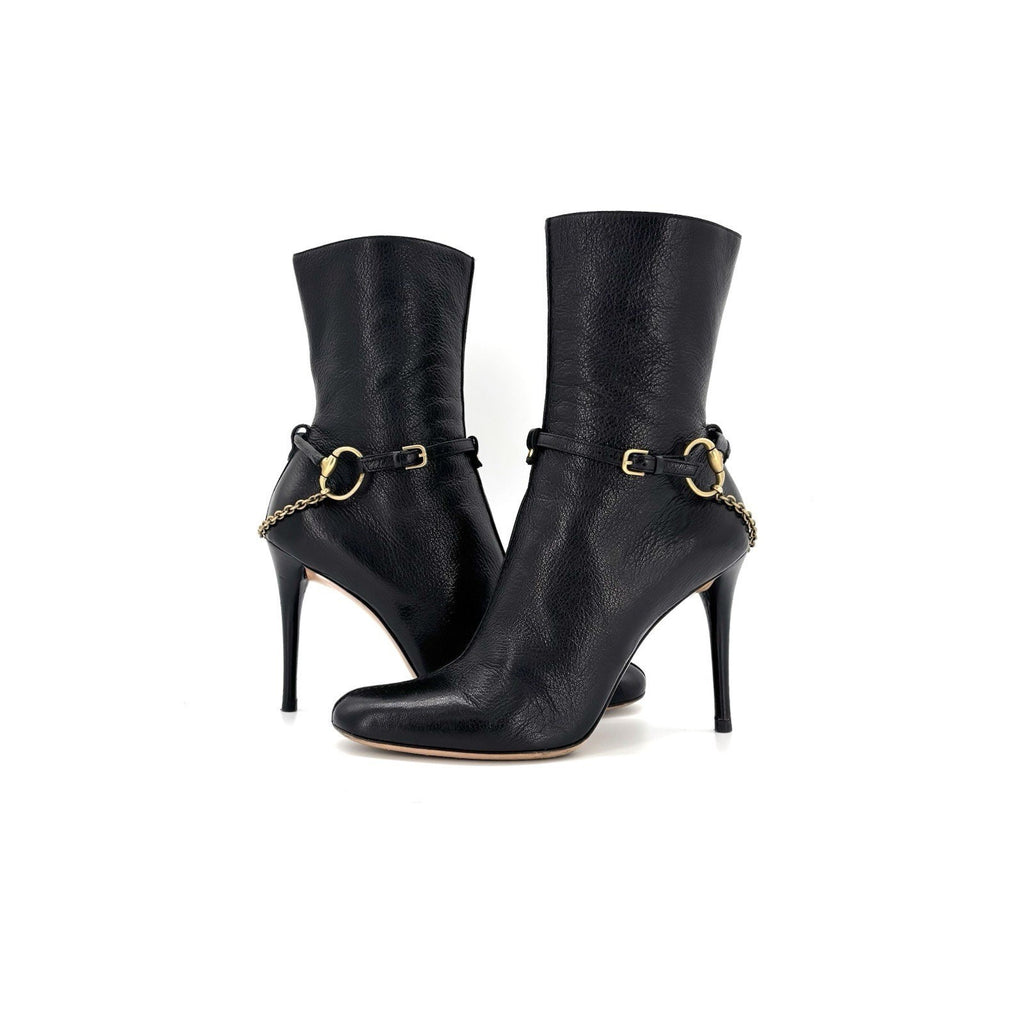 Vintage Gucci Horsebit Chain Harness Black Leather Ankle High Heeled Boots 39.5