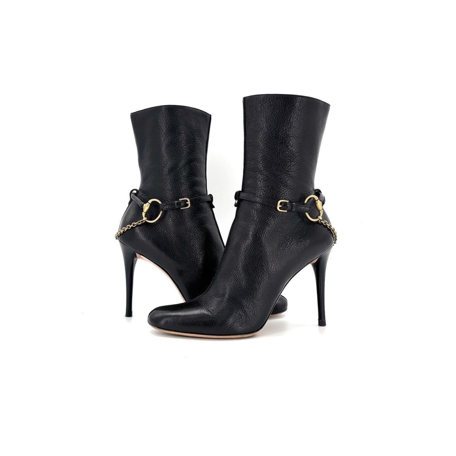Vintage Gucci Horsebit Chain Harness Black Leather Ankle High Heeled Boots 39.5