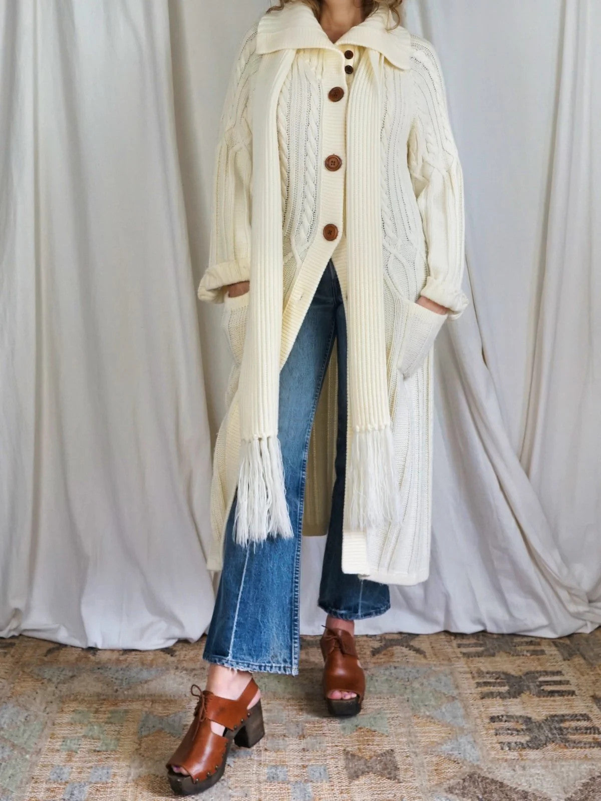 Vintage 70's Ivory Boho Long Cable Knit Scarf Duster Sweater Maxi Coat / S/M